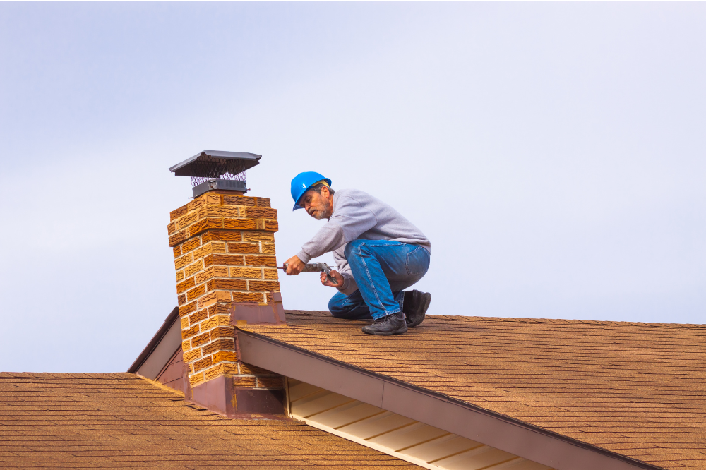 A man wearing a blue helmet stands on a roof while repairing a chimney