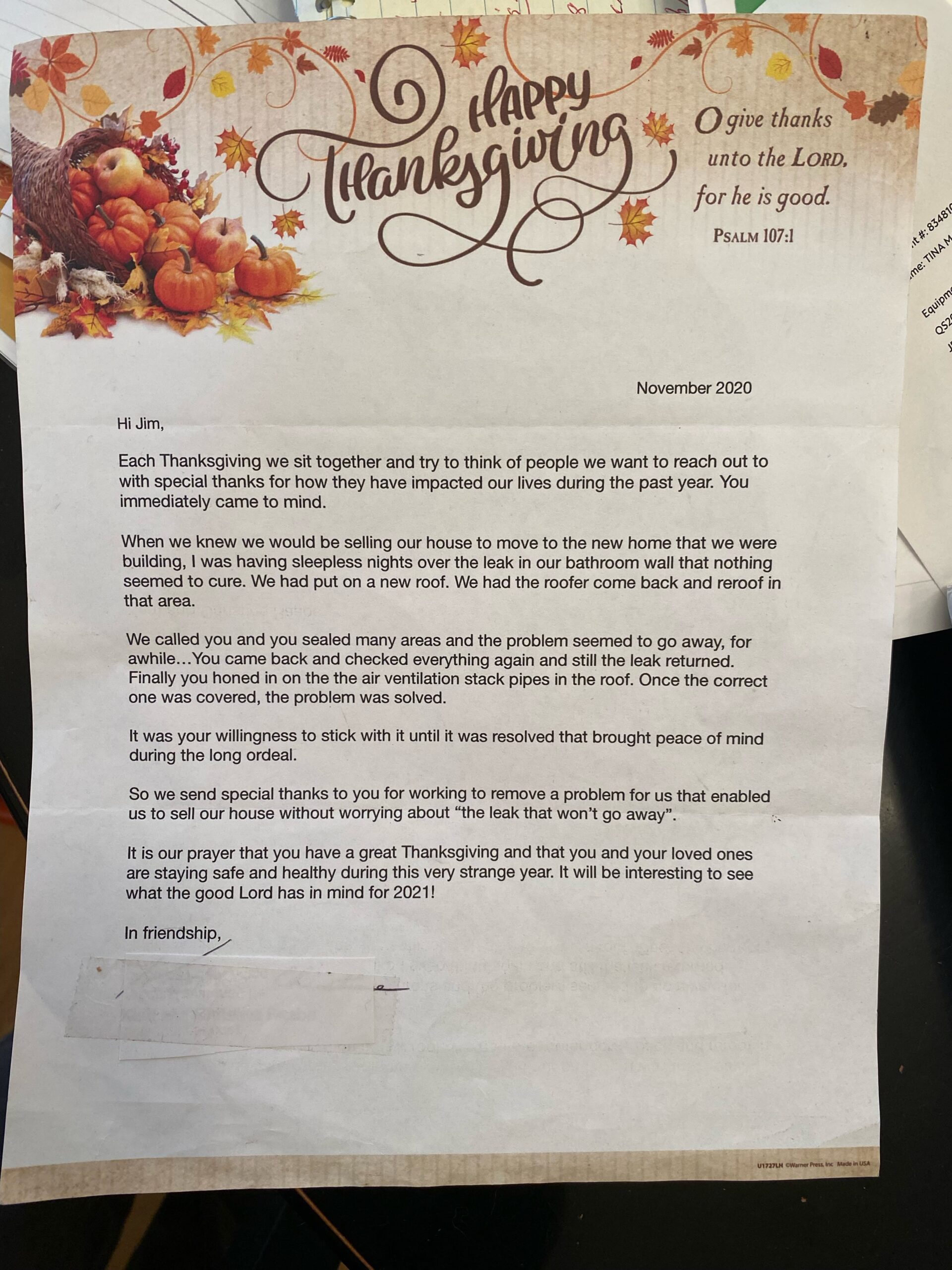 Thanksgiving letter